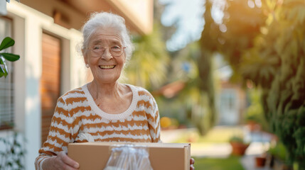 A joyful older woman holding a package on her doorstep, radiating warmth and happiness, with a bright and cheerful outdoor backdrop.