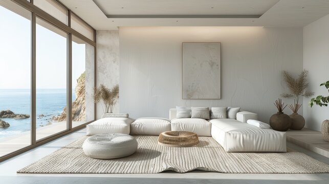 A stylish coastal living room with minimalist furnishings and a clean, uncluttered layout, evoking a sense of calm and relaxation. The image provides ample copy space for adding text or graphics.