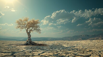 Solitary tree stands on parched ground beneath overcast sky, illustrating the effects of drought and climate change