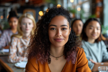 Obraz premium Confident young woman leading a diverse group: empowerment, leadership, and unity in the workplace. 