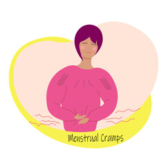 Woman feels abdominal pain and menstrual cramps, medical concept