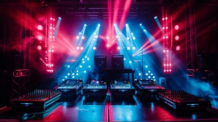 A close-up shot of a concert soundboard setup on a stage. Four soundboards are illuminated by blue and red stage lights.