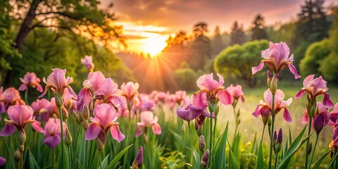 Landscape with pink irises blooming at sunset surrounded by green leaves, sunset, landscape, pink irises, blooming, buds