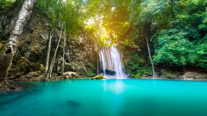 Beauty in nature, amazing waterfall in tropical forest of national park, Thailand	
