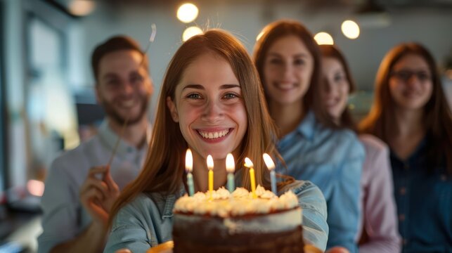 Office birthday bash: Young woman surrounded by colleagues, smiling and holding a birthday cake with lit candles, capturing the joyous atmosphere of celebrating a special day at work.