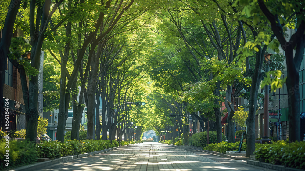 Poster A city street lined with trees and greenery, creating a refreshing and inviting environment for pedestrians. Generative AI.