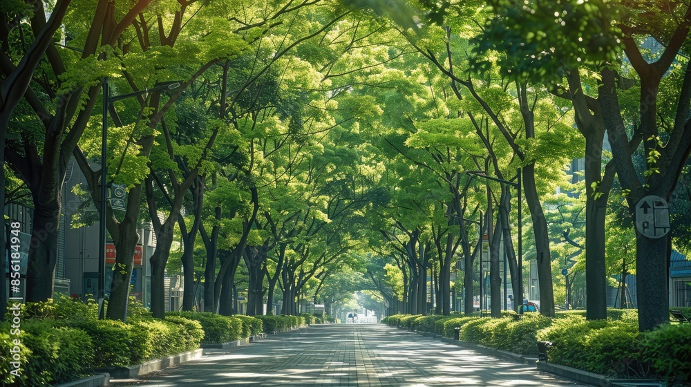 Poster A city street lined with trees and greenery, creating a refreshing and inviting environment for pedestrians. Generative AI.