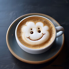 A cup of frothy cappuccino with a cute face.