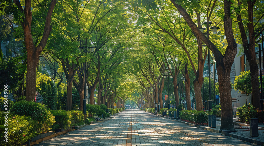 Poster A city street lined with trees and greenery, creating a refreshing and inviting environment for pedestrians. Generative AI.