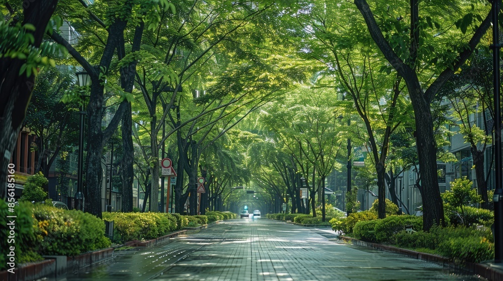 Poster A city street lined with trees and greenery, creating a refreshing and inviting environment for pedestrians. Generative AI.