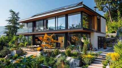 Sustainable Modern Home with Solar Panels and Landscaped Garden Bathed in Natural Light