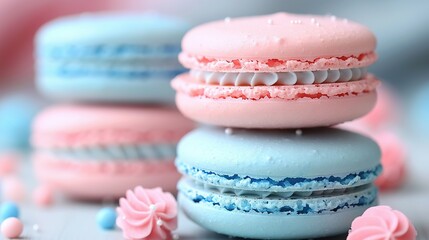 Fototapeta premium Stacked macaroons in pink and blue, iced atop, macaroni and cheese mixed