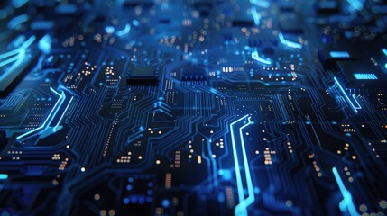 An abstract blue circuit board with 3D rendering, highlighting advanced technology and innovative chip designs