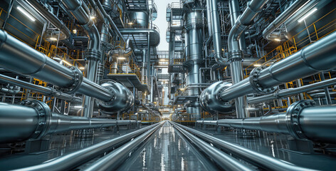 Technology in an industrial chemical refinery with contrast, grey, metallic, landscape orientation. Generative AI.