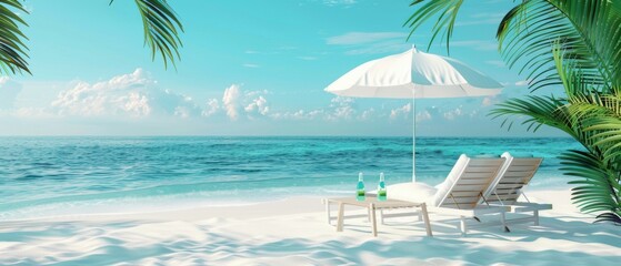 Obraz premium concept of relaxation on the ocean shore, white sand and palm leaves.