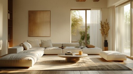 A peaceful living room with minimalistic decor, featuring a cozy sofa and a coffee table. The room is bathed in natural light, creating a serene and inviting atmosphere with ample copy space.