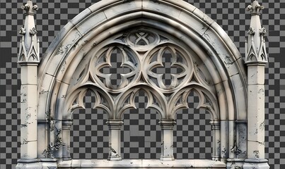Obraz premium A detailed, ornate stone window arch with classic Gothic elements, isolated on a transparent background for easy integration