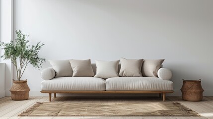 A minimalist living room with a focus on simplicity and functionality features a comfortable sofa and a clean, uncluttered design. The image provides ample copy space for your text or graphics.