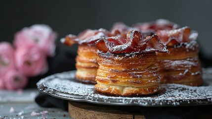   A plate of pastries, covered in powdered sugar, sits atop a wooden table