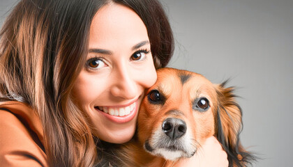 Close up portrait of a Spanish woman hugging her dog while smiling and looking at the camera. Isolated on gray background.