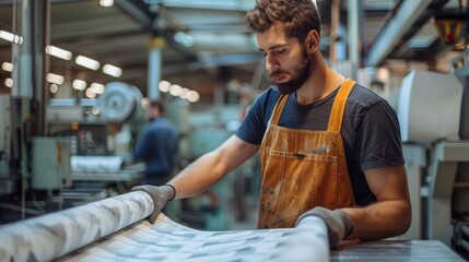 Factory worker in protective gear inspecting a large printed sheet for quality production in a bustling industrial environment