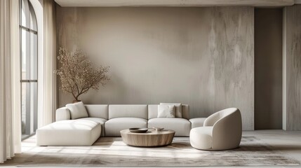 A stylish living room with minimalist furnishings and a neutral color palette offers a serene and uncluttered space. The image provides ample copy space for your text or graphics.