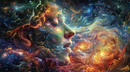 woman face, human intelligence coming together in the spirit of universal truth, psychedelic, astral realm