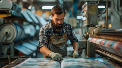 Printer in an apron and gloves carefully inspecting a print for quality in a printing factory