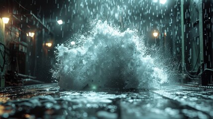 In a digital effects studio, realistic weather effects are applied to a scene, with rain pouring down and fog rolling in to create a dramatic and immersive environment. The high-quality simulation