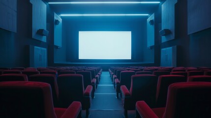 Fototapeta premium A view of an empty movie theater with a blank screen and red seats. The blue lights illuminate the room, creating a sense of anticipation.