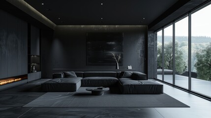 A stylish black living room, featuring minimalist decor and a spacious layout, perfect for showcasing your design projects.