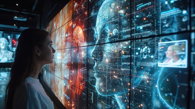 Inside a digital lab, a high-fidelity digital replica of a human is displayed on multiple screens, each showing different stages of the creation process. The detailed visualization emphasizes the