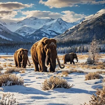 several giant woolly mammoths move through a snowy meadow, their long, generative ai