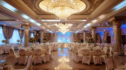 This image shows a large, elegant wedding reception hall. The hall is decorated with white linens and chairs, as well as large flower arrangements. A large chandelier hangs from the ceiling.