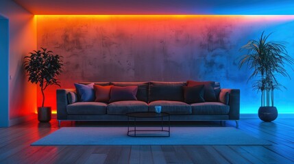A contemporary living room with neon lights, creating a chic and modern ambiance. The image features a minimalist design, with empty areas perfect for custom text or logos.