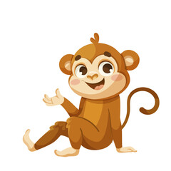 Smiling cartoon monkey character sitting on a white background, concept of happiness and playfulness. Vector illustration