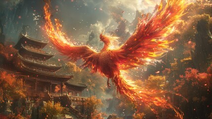 Amidst the ruins of an ancient temple, a phoenix rises from the ashes, its vibrant plumage blazing with fiery colors. This mythical creature's rebirth symbolizes renewal and immortality, capturing