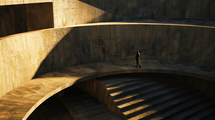 A person walks alone along dramatic, curved architectural steps, bathed in warm light and shadows, creating a sense of solitude and awe.