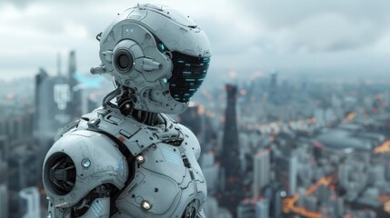 Fototapeta premium A human character with sleek, cybernetic enhancements stands in a futuristic cityscape, their robotic arm and augmented vision highlighting the blend of man and machine. The advanced technology and