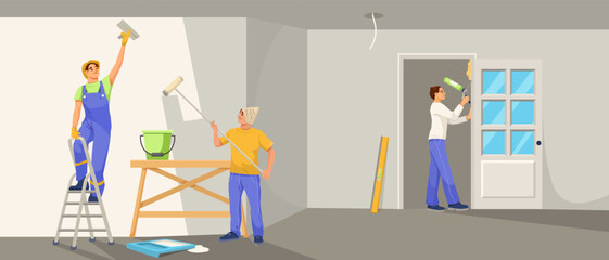 Three painters working inside a room, painting walls and door. Flat graphic style. Light background. Concept of home renovation. Vector illustration