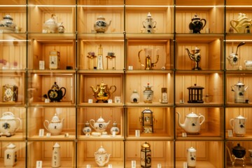 wall with a shelf full of tea cups teapots, and a tea accessory collection of ultra-modern Japanese-style stylish