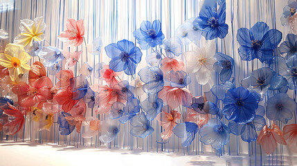   A string of blue, red, white, and yellow flowers with blue, red, and white blossoms hanging from it