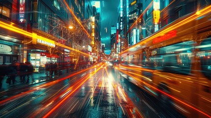 Fototapeta premium A mesmerizing image of a city street captured in a time-lapse, where streaks of light trace the paths of moving vehicles and pedestrians blur into motion trails. The time manipulation effects create