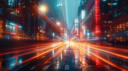 Obraz premium A mesmerizing image of a city street captured in a time-lapse, where streaks of light trace the paths of moving vehicles and pedestrians blur into motion trails. The time manipulation effects create