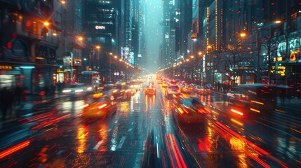 Obraz premium A mesmerizing image of a city street captured in a time-lapse, where streaks of light trace the paths of moving vehicles and pedestrians blur into motion trails. The time manipulation effects create