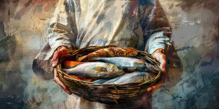 Jesus Holding a Basket of Fish and Bread. Biblical Themed Artwork Featuring Fish and Bread Symbolizing the Miracle of Feeding the Multitude. Jesus Blessing Bread and Fish. Faith, Hope, Community Conce