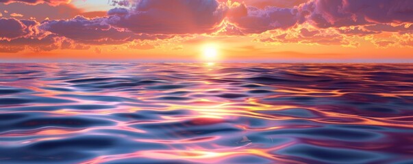 Obraz premium Sunset over calm ocean with colorful skies, serene seascape concept