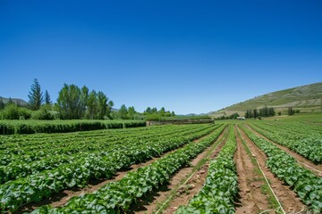 Rural Farmhouse Landscape with Potato Fields Under Clear Blue Sky - Agricultural Serenity