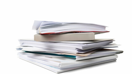 A neatly stacked pile of thick folders and documents rests on a white background, representing organization and paperwork.