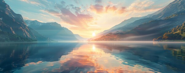 Mountain landscape with serene lake at sunrise, panoramic view. Nature and tranquility concept